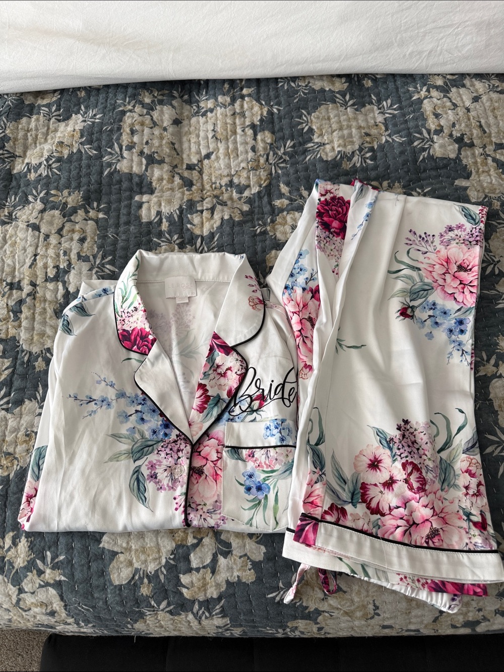 Floral 'Bride' White Satin Pajama Set
